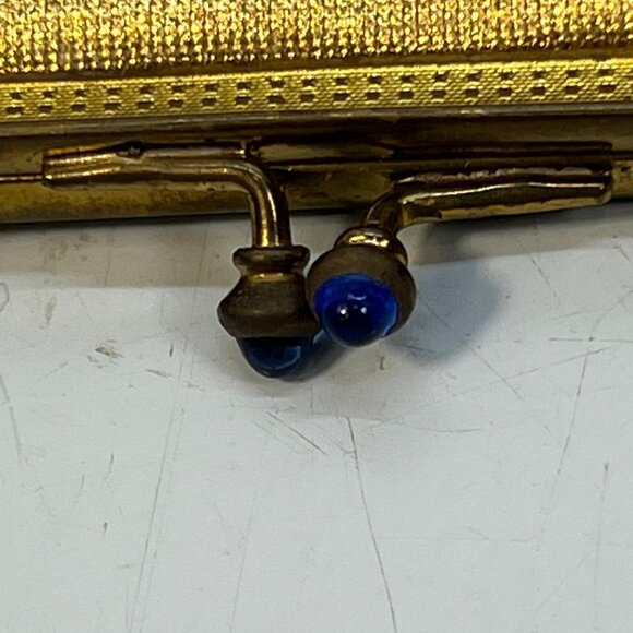 Vintage Gold Metallic Kiss Lock Coin Purse Blue Bead Clasp Red Satin Lining - Picture 4 of 4